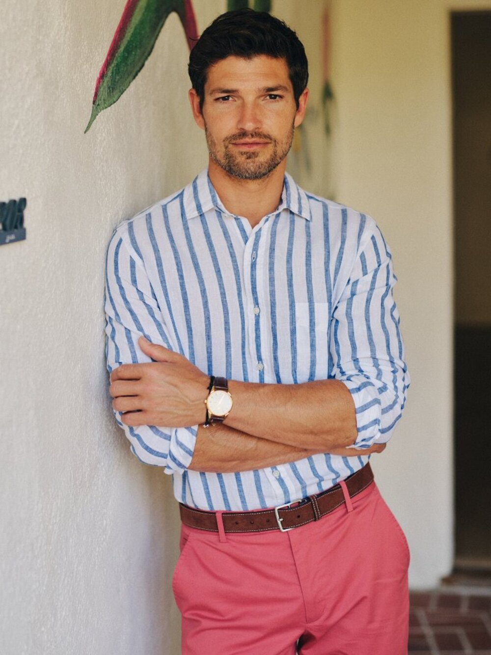 J McLaughlin Gramercy Linen Shirt in Dobby Stripe - Navy/White NEW